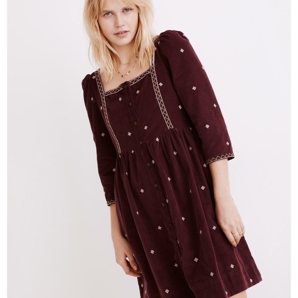 [NWOT] Madewell Embroidered Corduroy Button Front Mini Dress Dark Fig Dress - Picture 2 of 5